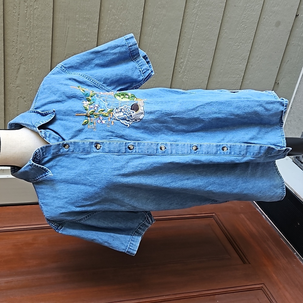 VINTAGE EFFECI DENIM BUTTON TOP SHIRT 80s EMBROIDERY DOG M